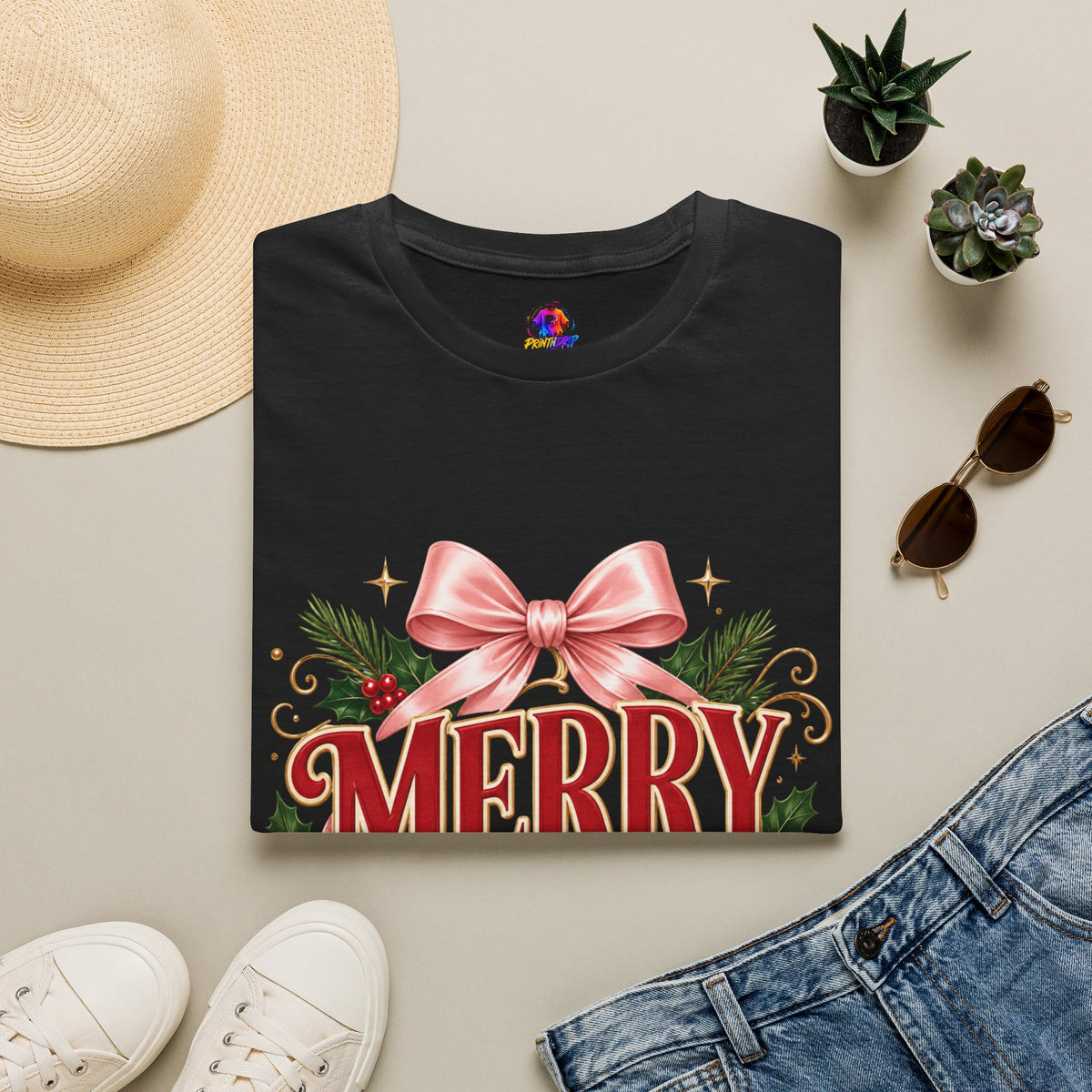 Merry Mama Christmas T-Shirt — Festive Bow & Holiday Greenery Tee