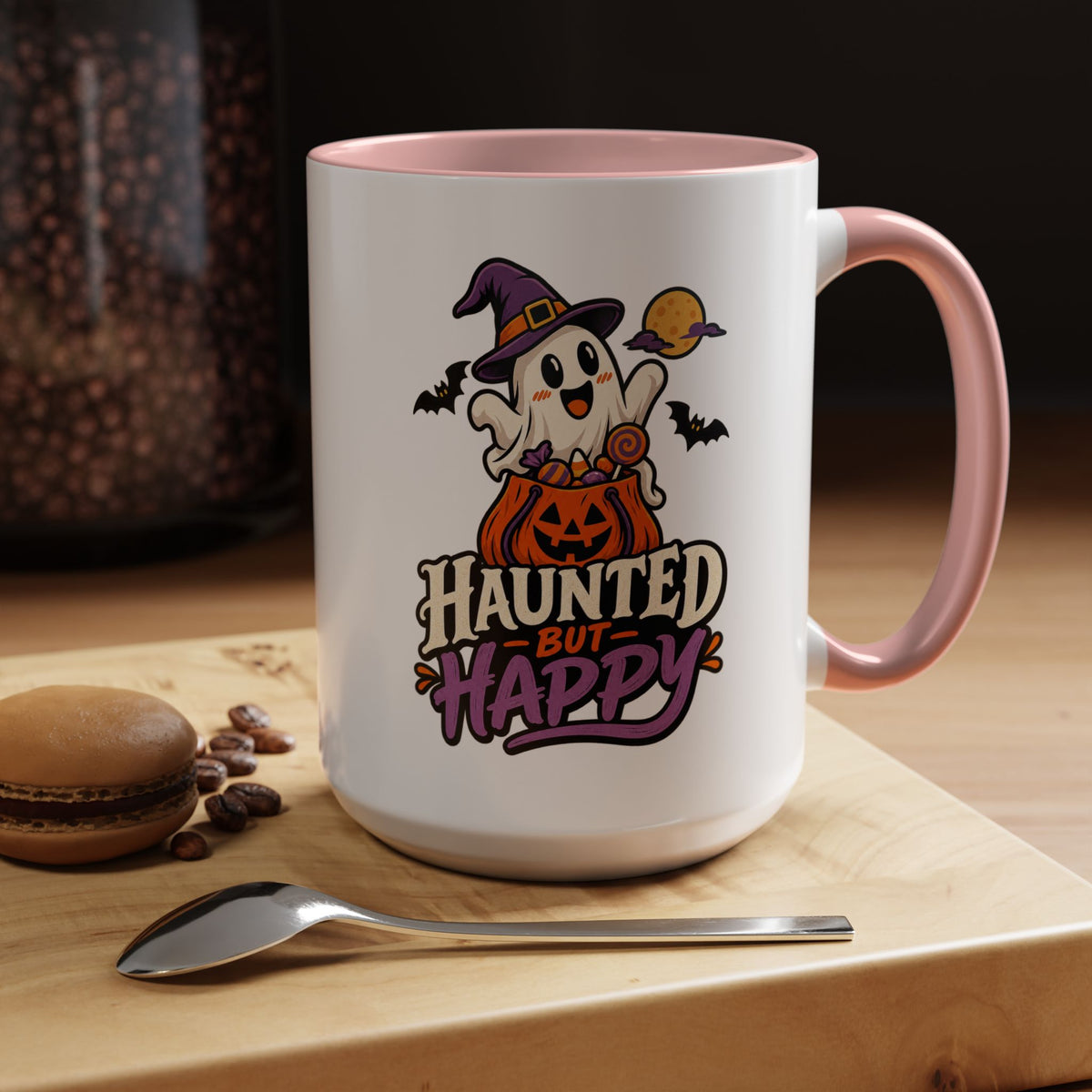 Haunted But Happy Coffee Mug — Halloween Ghost Pumpkin Accent Mug (11/15oz)