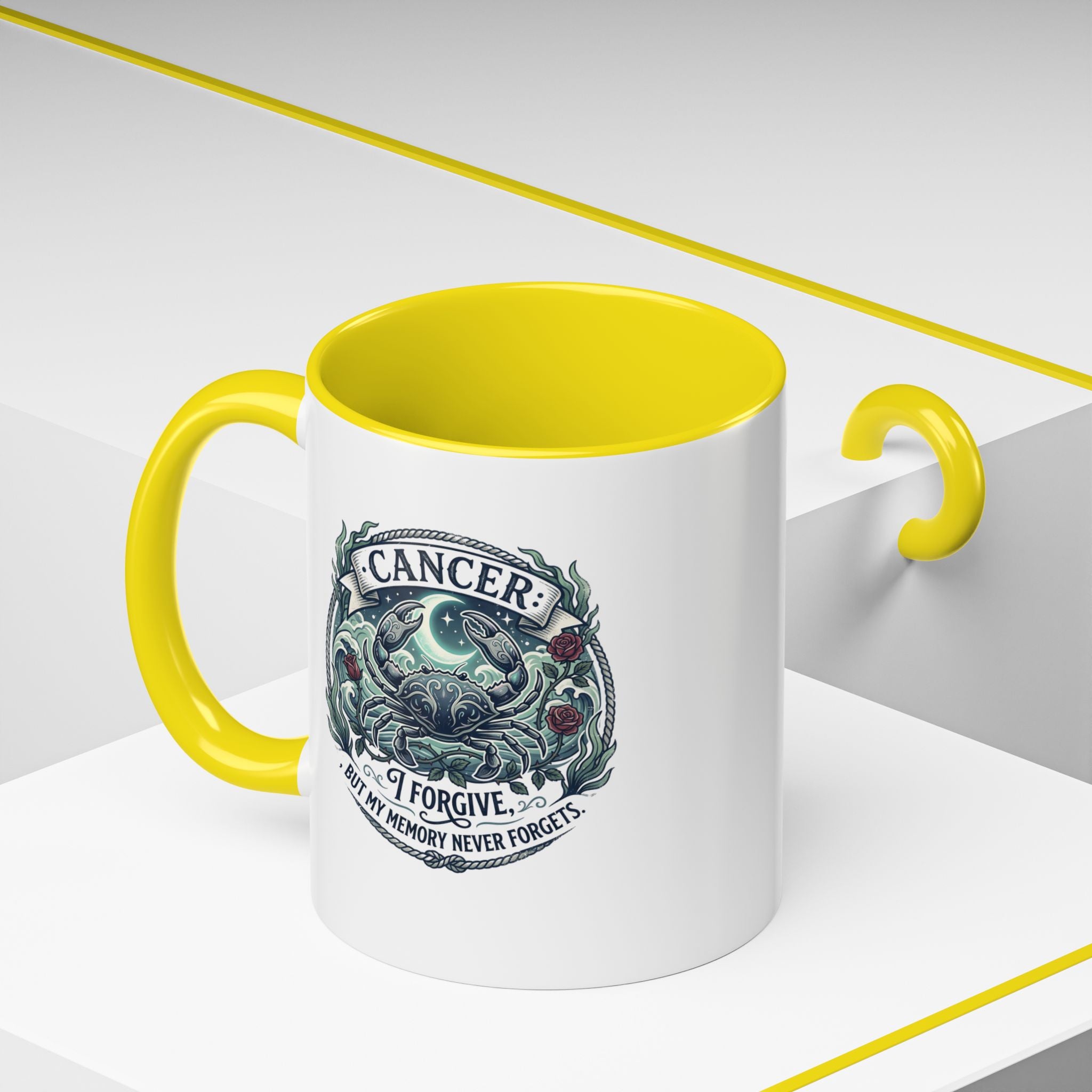 Cancer Zodiac Accent Coffee Mug — 'I Forgive But My Memory Never Forgets' Horoscope Gift