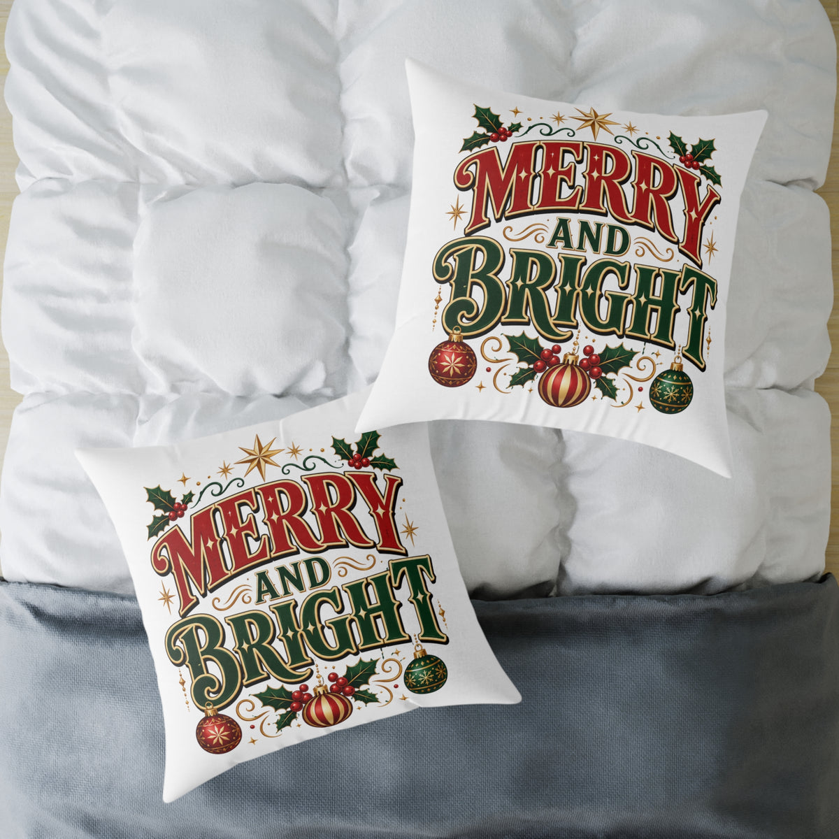 Square Christmas Pillow – "Merry and Bright" / "Mama Claus" Holiday Decorative Throw Pillow