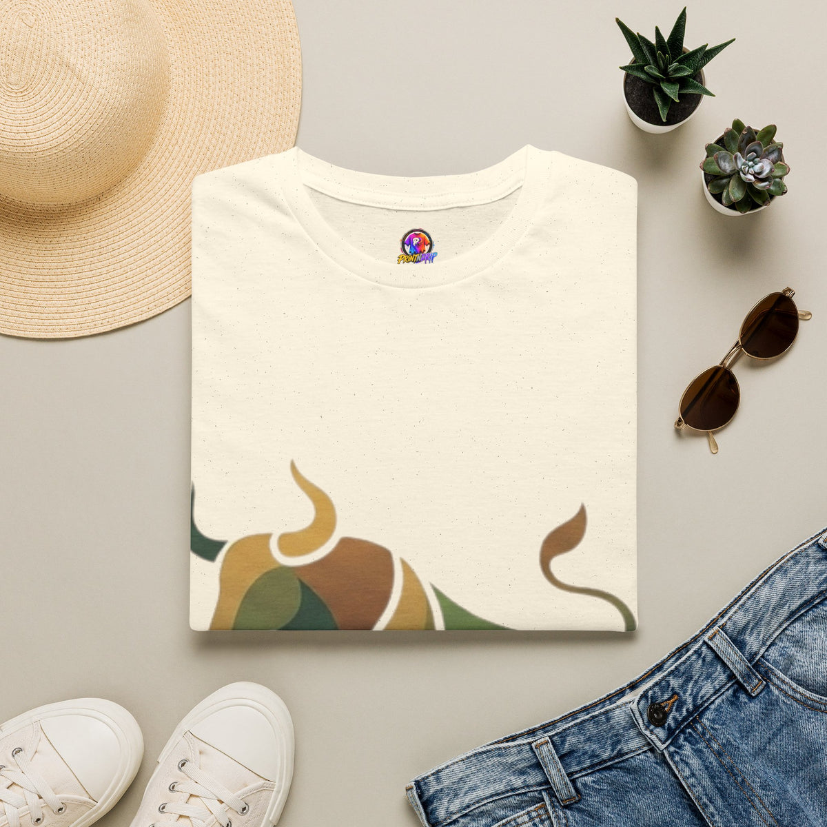 Bull Graphic T-Shirt — Earth Tone Geometric Taurus Design
