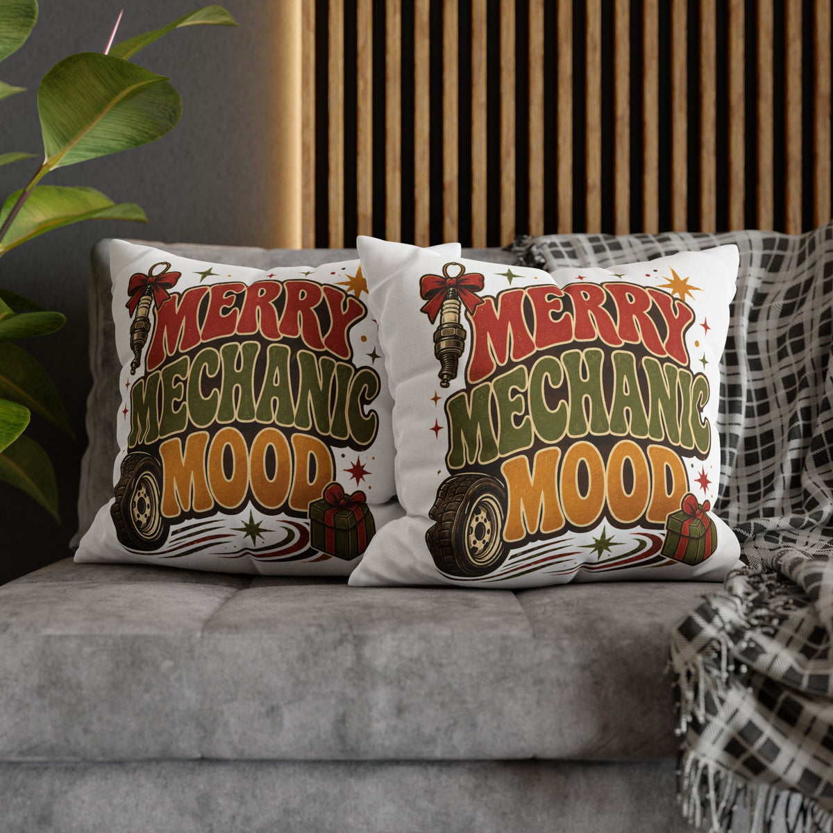 Merry Mechanic Mood Pillowcase Modern Day Christmas  — Festive Automotive Holiday Throw Pillowcase