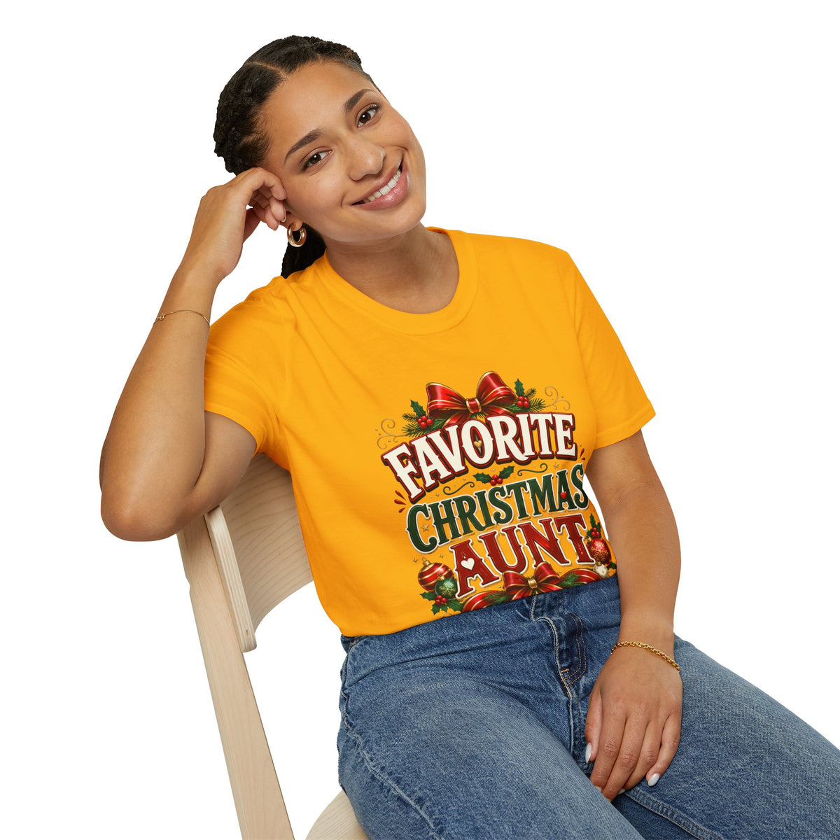 Favorite Christmas Aunt T-Shirt — Festive Holiday Auntie Tee with Bow & Holly
