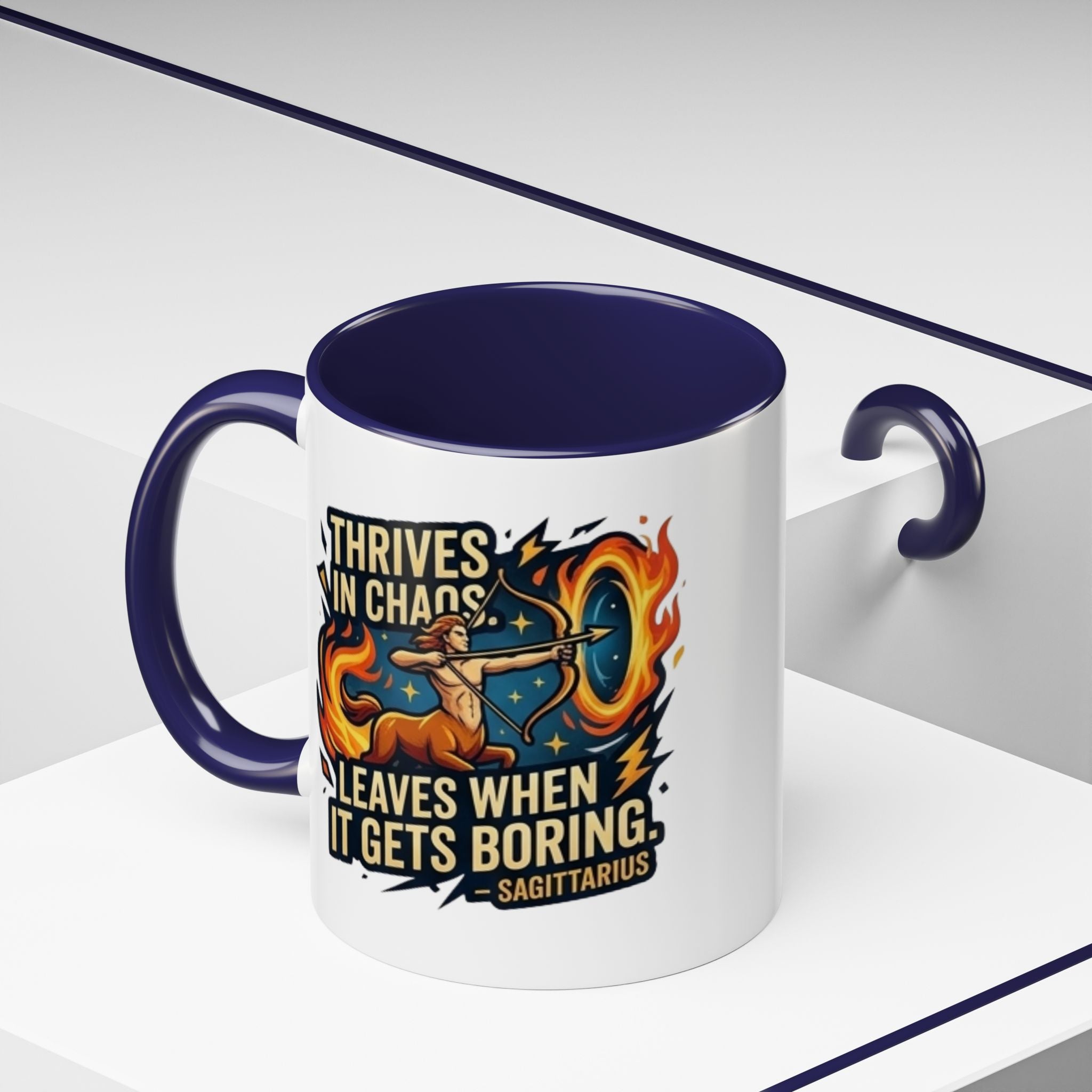 Sagittarius Coffee Mug – "Thrives in Chaos, Leaves When It Gets Boring" Accent Mug