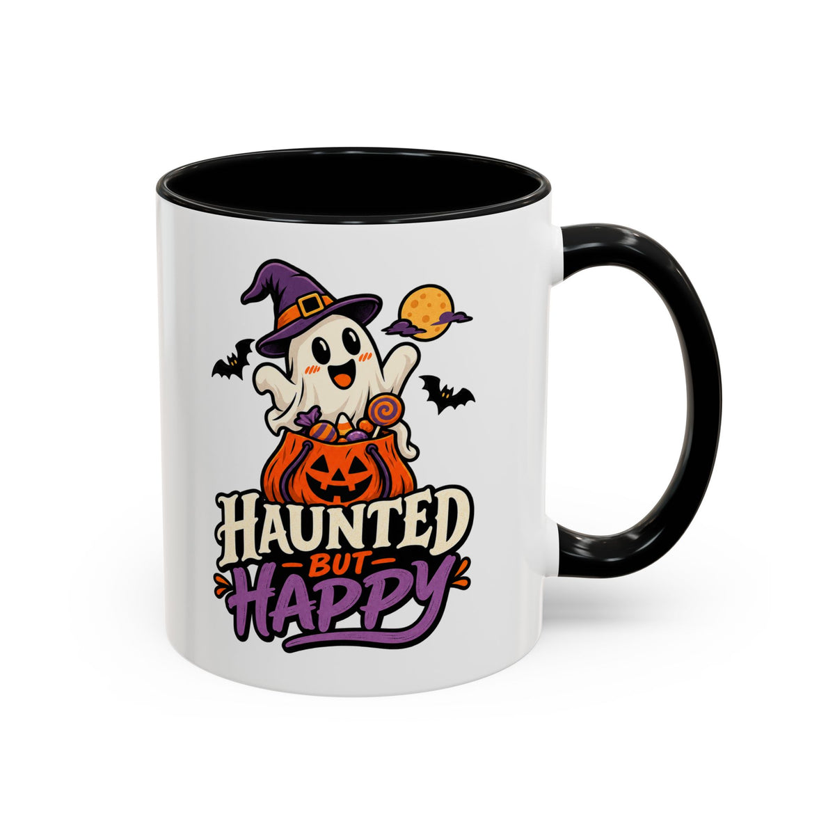 Haunted But Happy Coffee Mug — Halloween Ghost Pumpkin Accent Mug (11/15oz)