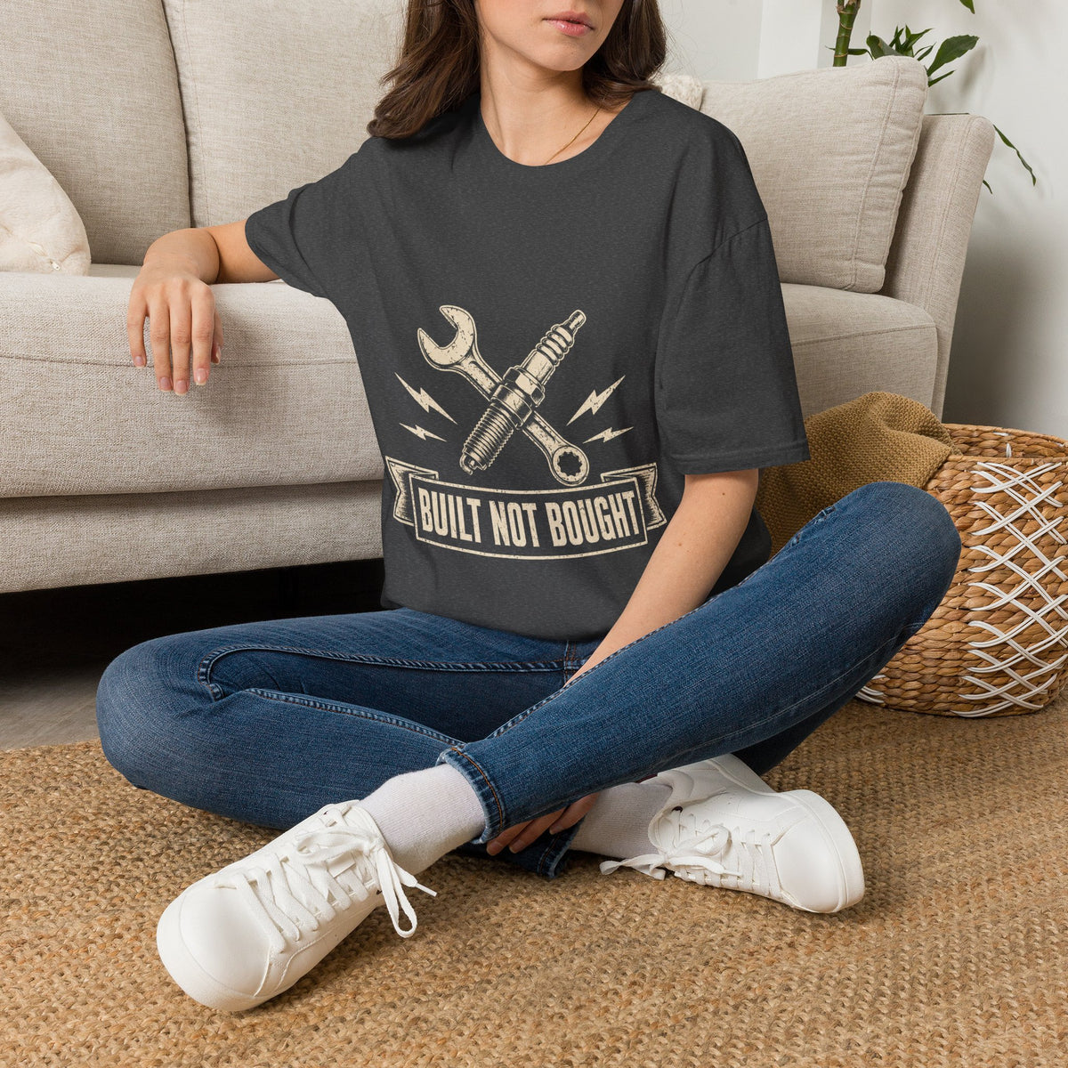 Built Not Bought T-Shirt — Vintage Mechanic Spark Plug & Wrench Tee for DIY Car Enthusiasts