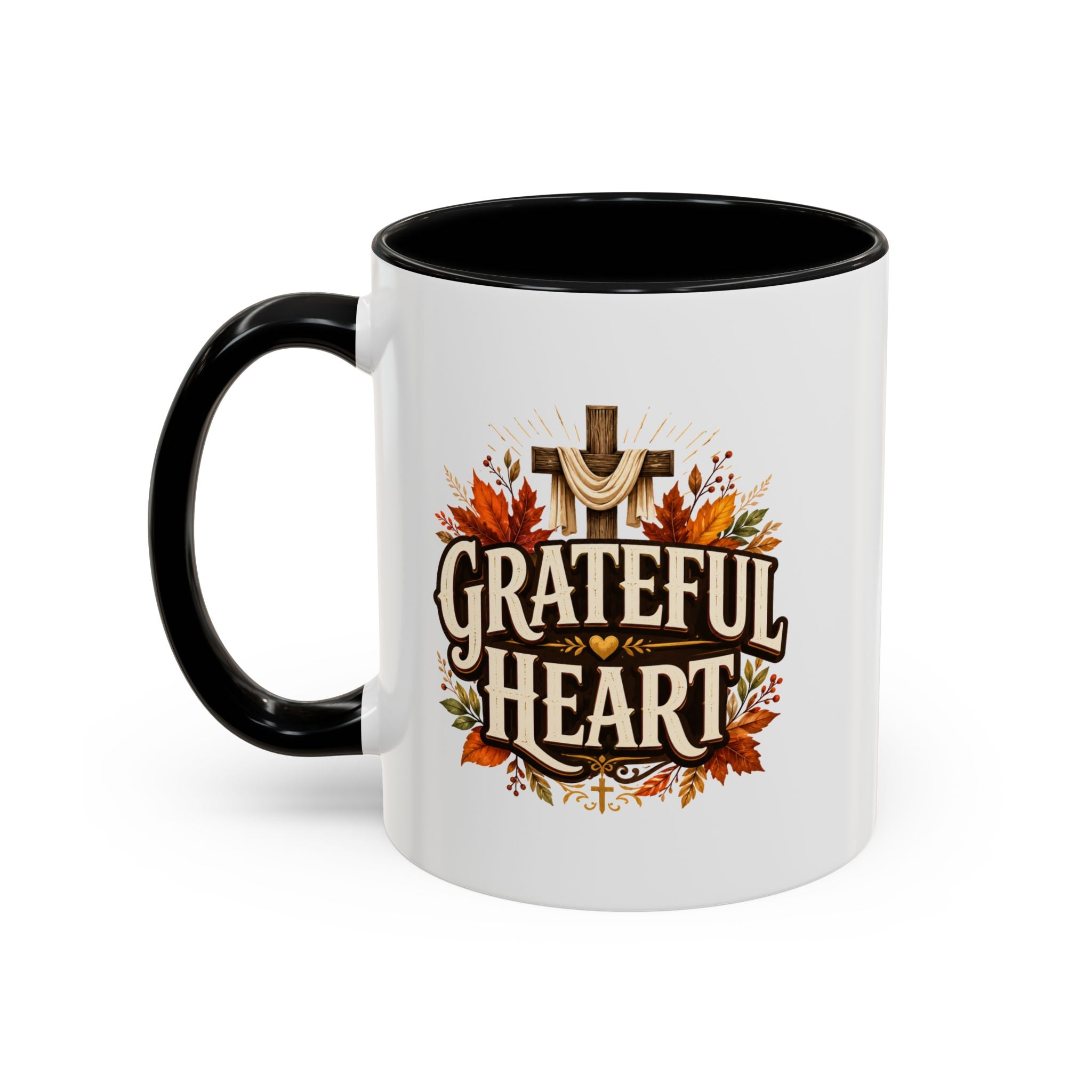 Thanksgiving Mug Grateful Heart Accent Coffee Mug – Autumn Leaves & Cross Spiritual Thanksgiving Gift