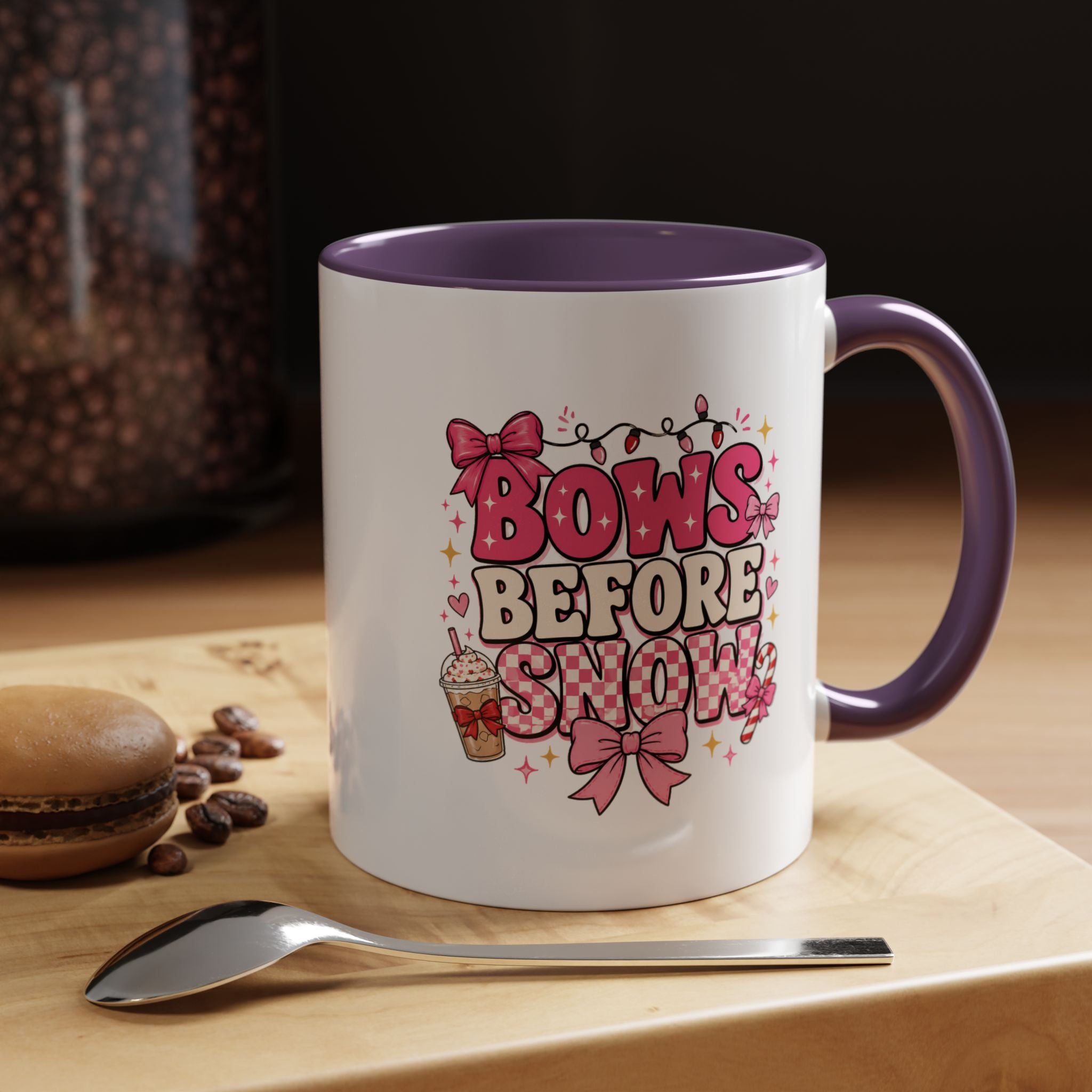 Modern Day Christmas Bows Before Snow Accent Coffee Mug — Cute Pink Holiday Hot Cocoa Design (11/15oz)