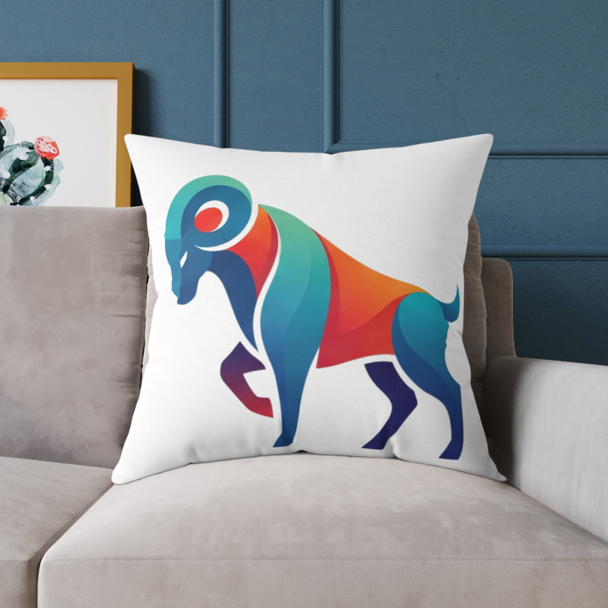 Aries Zodiac Ram Throw Pillow - Colorful Geometric Ram Accent Cushion for Living Room & Nursery