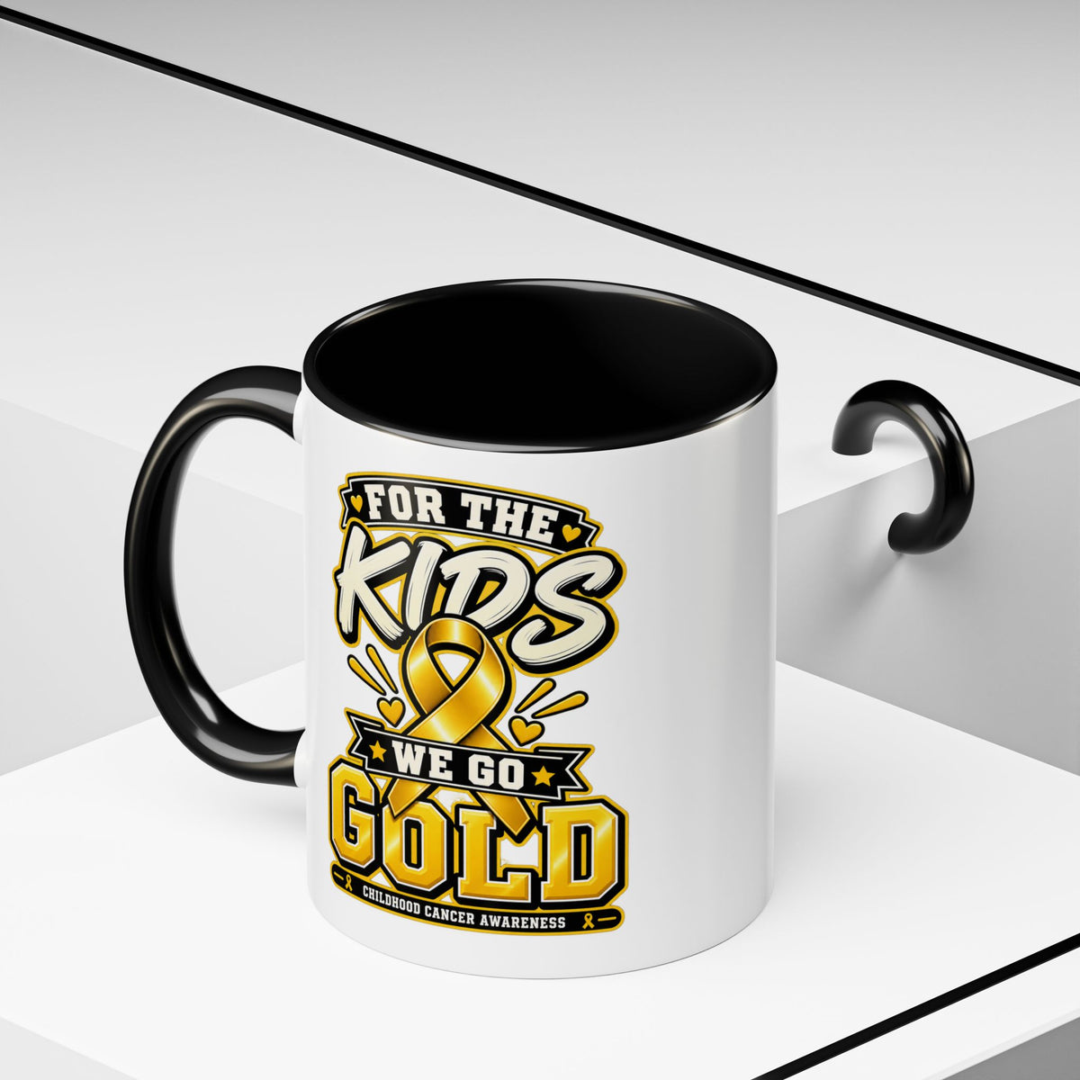 For The Kids We Go Gold Accent Coffee Mug — Childhood Cancer Awareness 11/15oz