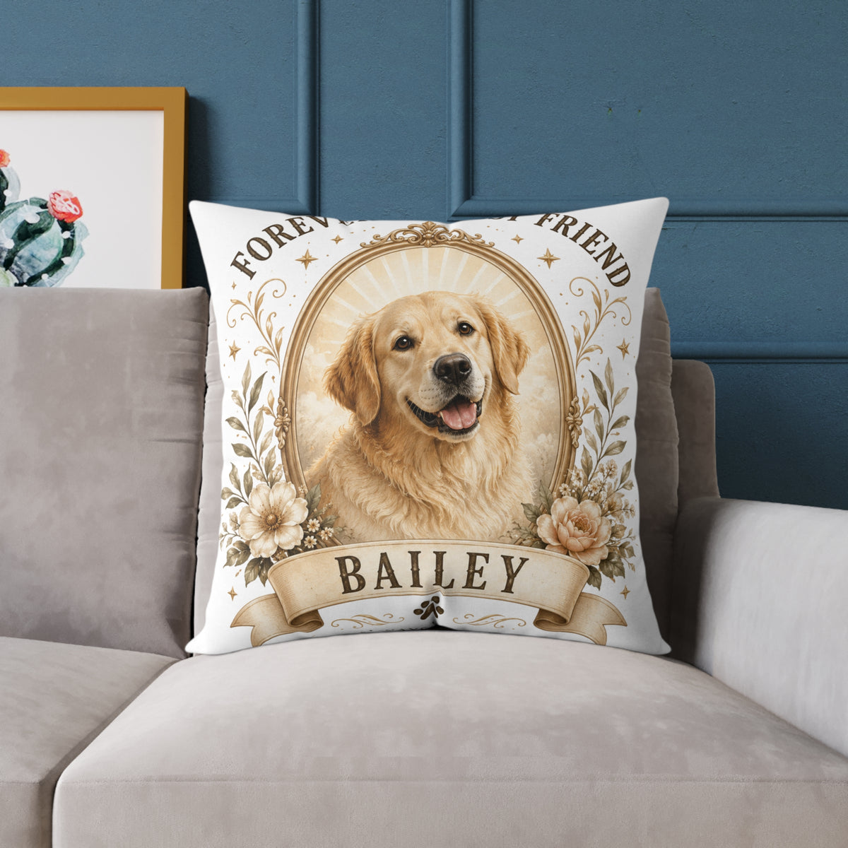 Pet Memorial Pillow Milo Bailey Dog Dad Mom— Personalized "Bailey" Golden Retriever Tribute Square Pillow