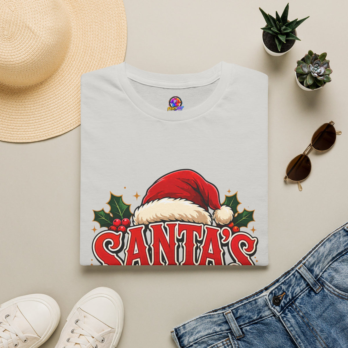 Santa's Favorite T-Shirt — Festive Christmas Tee with Santa Hat & Holly