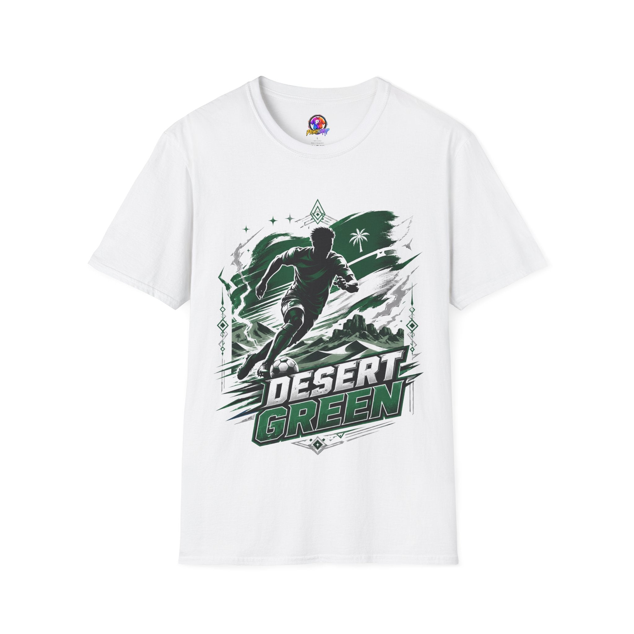 Saudi Arabia Desert Green Soccer T-Shirt — Silhouette Player Graphic