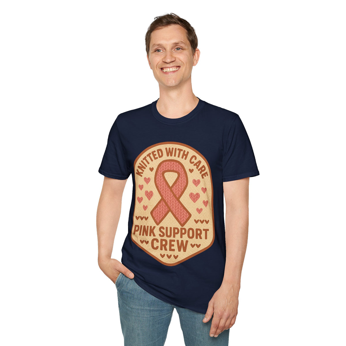 Pink Support Crew Knitted With Care Shield Badge T-Shirt, Breast Cancer Awareness Tee - Trending Now - September 2026