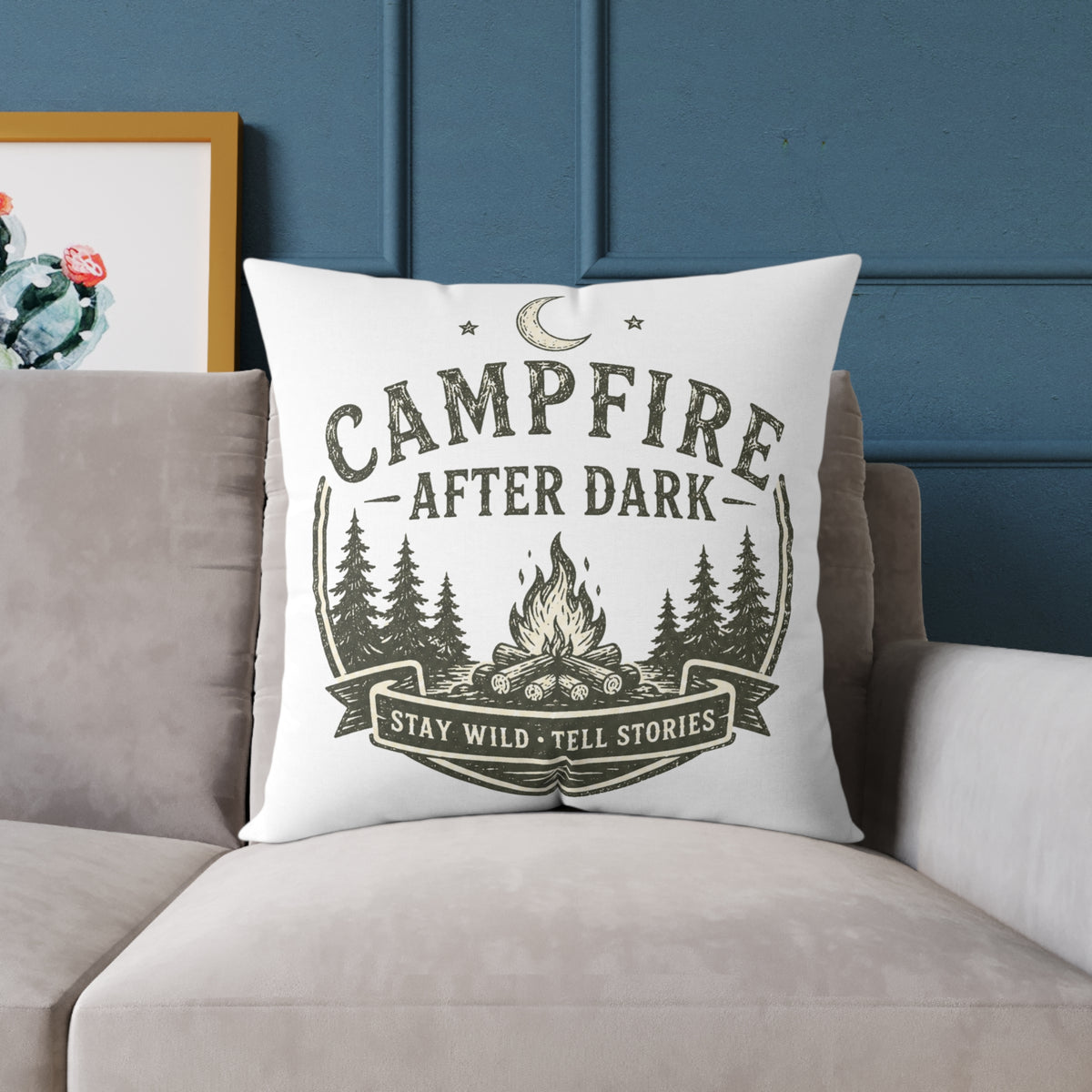 Milo Bailey Dog Dad Mom Pillow — Campfire After Dark Decorative Throw Pillow (Stay Wild, Tell Stories)