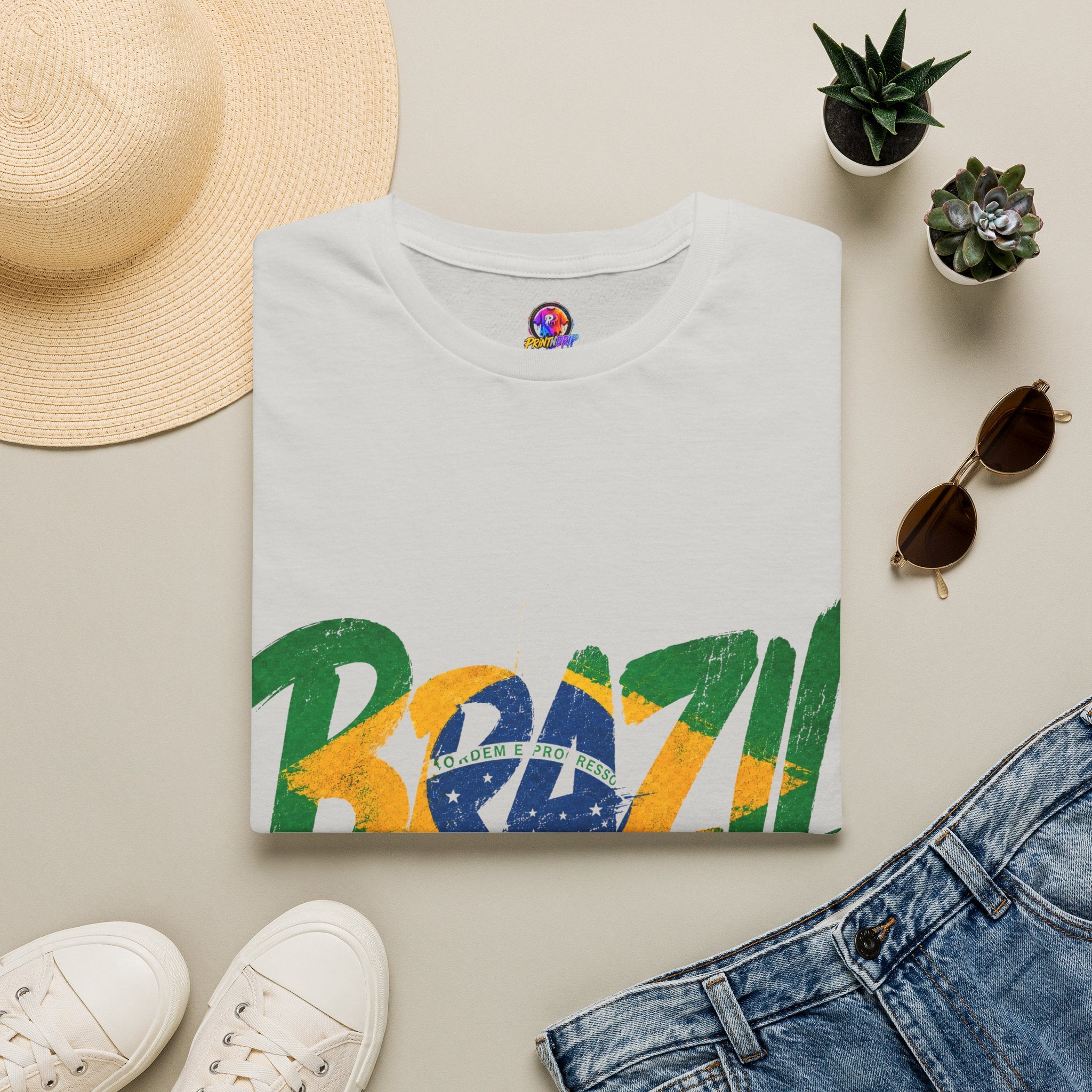 Brazil Flag Graphic T-Shirt — Bold Brazil Script with National Flag Motif