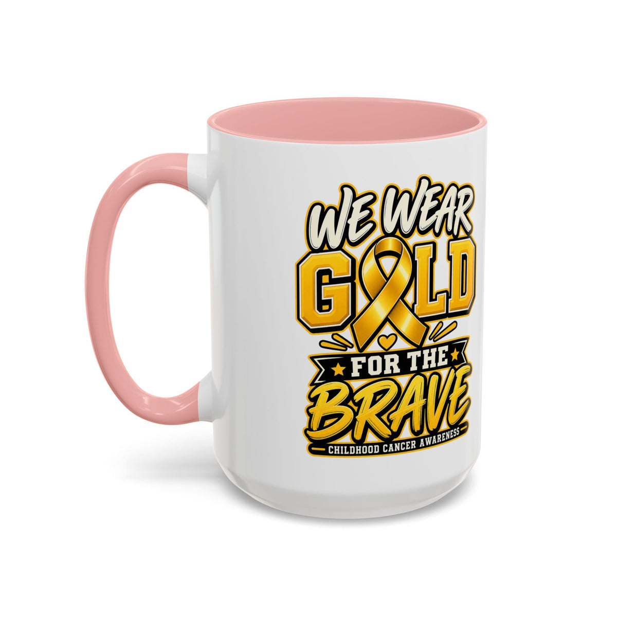 Childhood Cancer Awareness Accent Coffee Mug – "We Wear Gold for the Brave" (11/15 oz)