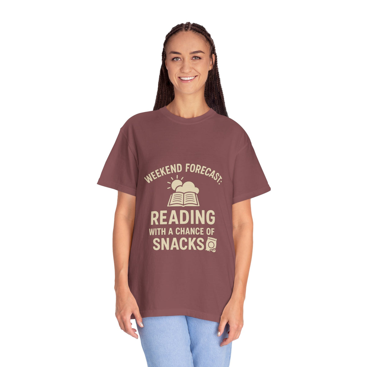 Reading & Snacks T-Shirt — "Weekend Forecast: Reading with a Chance of Snacks" - Trending Now - October 2026