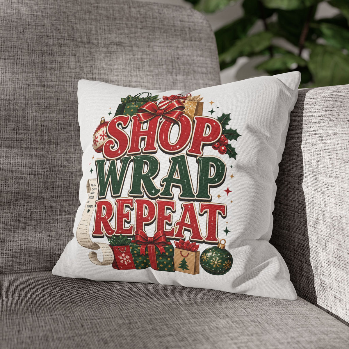 Shop Wrap Repeat Christmas Pillowcase — Holiday Decorative Throw Pillow Cover