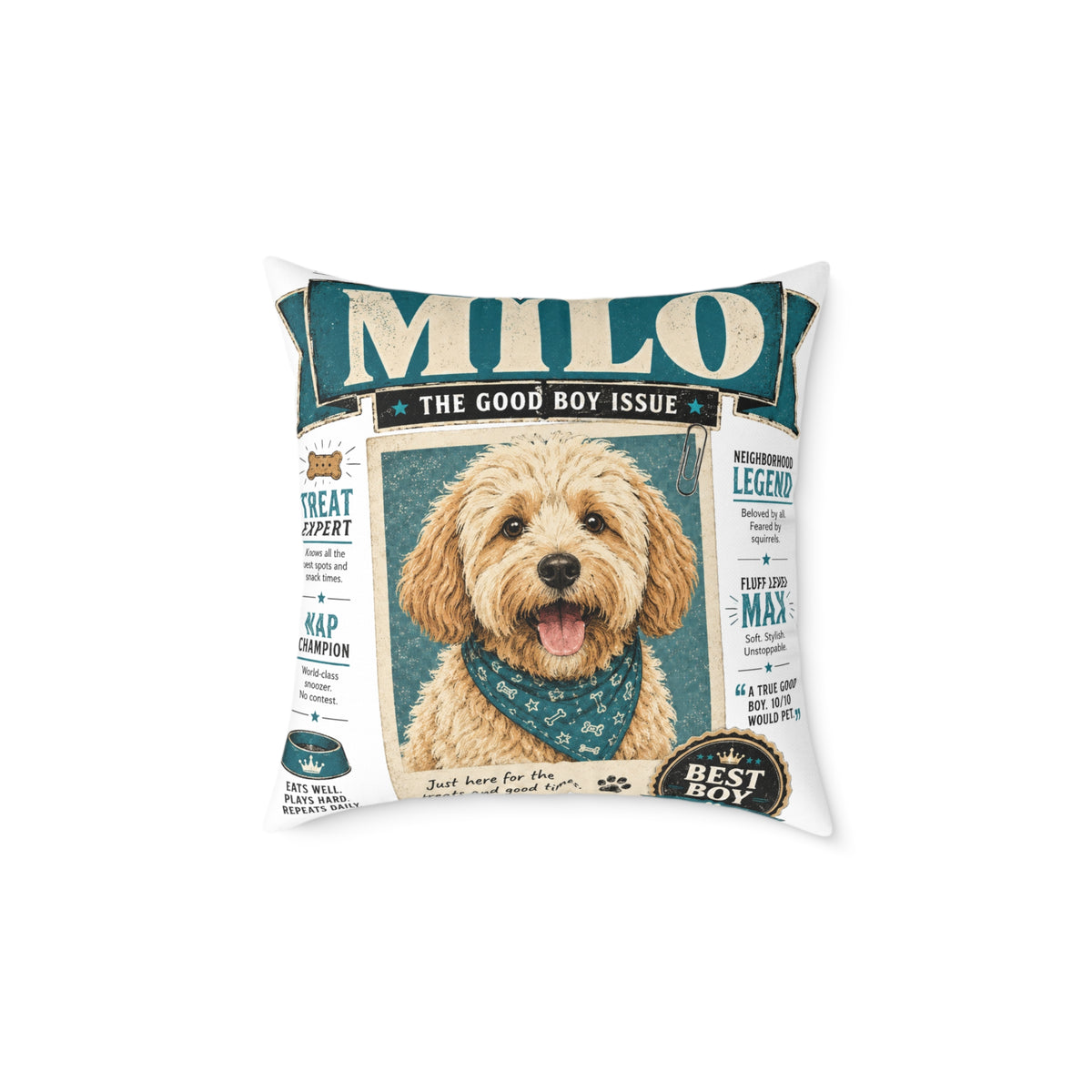 Personalized Dog Magazine Cover Pillow  Milo Bailey Dog Dad Mom — 'MILO' Square Poly Canvas Throw Pillow
