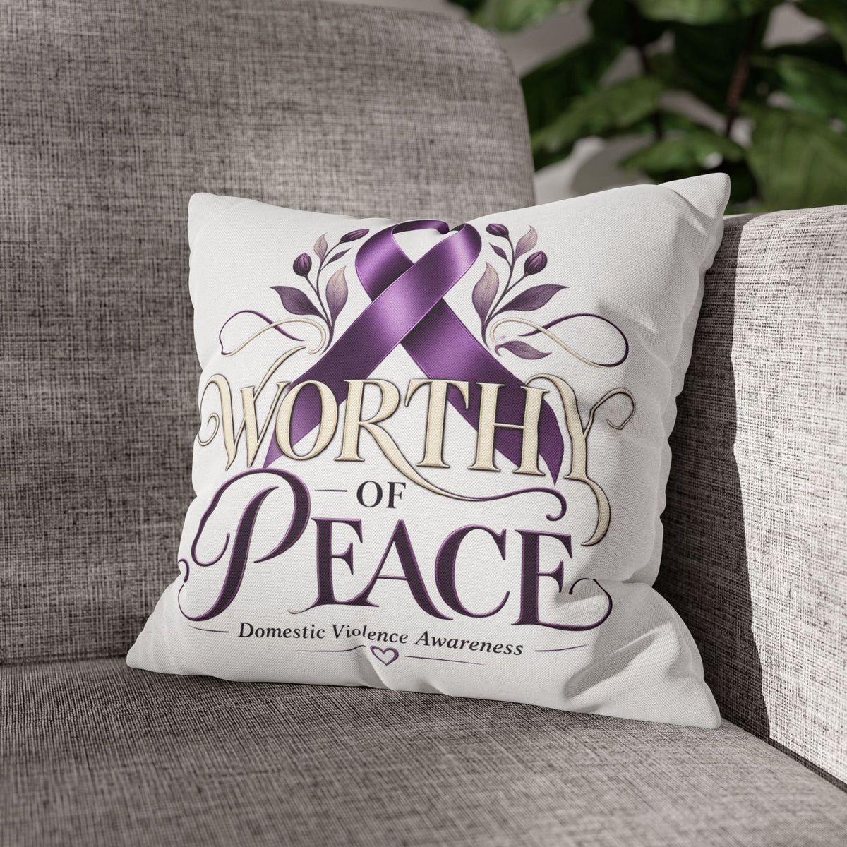 Worthy of Peace Purple Ribbon Pillowcase — Domestic Violence Awareness Throw Pillow
