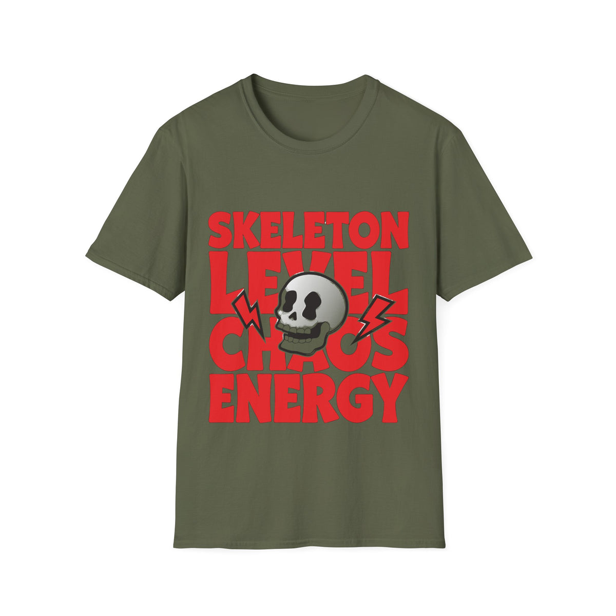 Skeleton Level Chaos Energy Red Block Tee - Bold Skull Lightning Graphic T-Shirt - Trending Now - September 2026