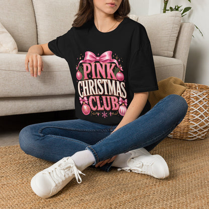 Pink Christmas Club T-Shirt — Womens Festive Holiday Tee with Bow & Ornaments