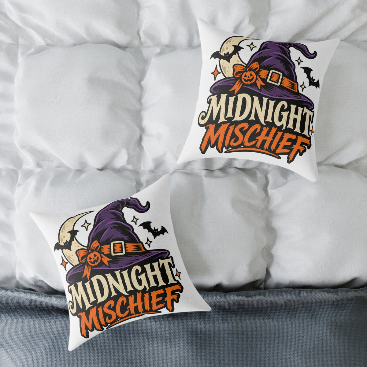 Midnight Mischief Halloween Pillow – Witch Hat & Bats Decorative Throw Pillow