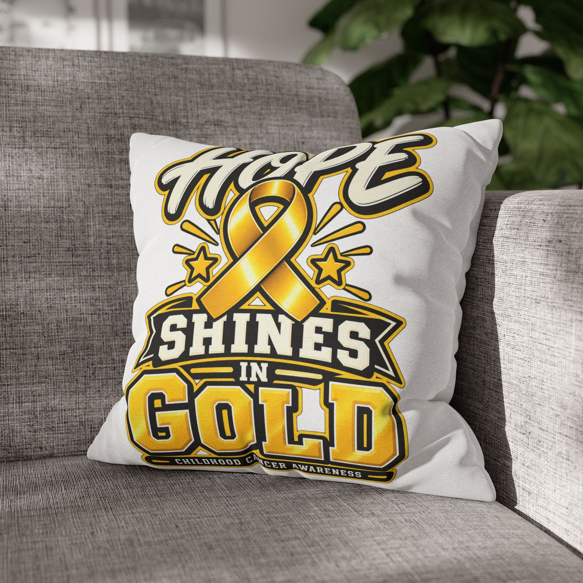 Hope Shines in Gold Pillowcase — Childhood Cancer Awareness Ribbon Decorative Pillow