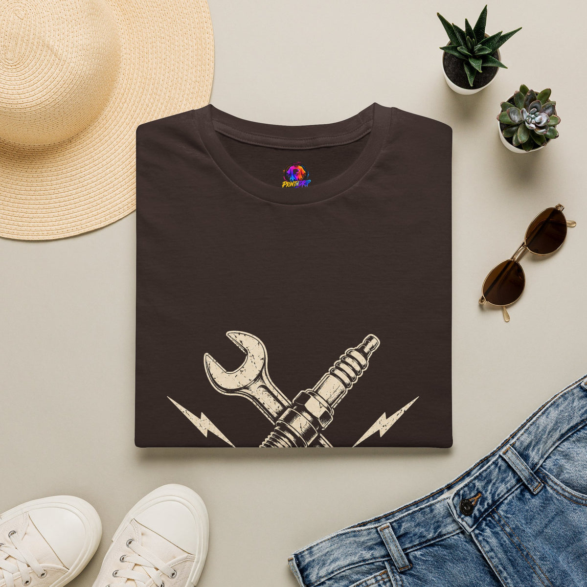 Built Not Bought T-Shirt — Vintage Mechanic Spark Plug & Wrench Tee for DIY Car Enthusiasts