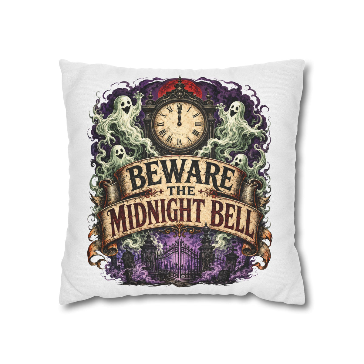Halloween Beware the Midnight Bell Pillowcase — Haunted Clock & Ghosts Decorative Throw Pillow