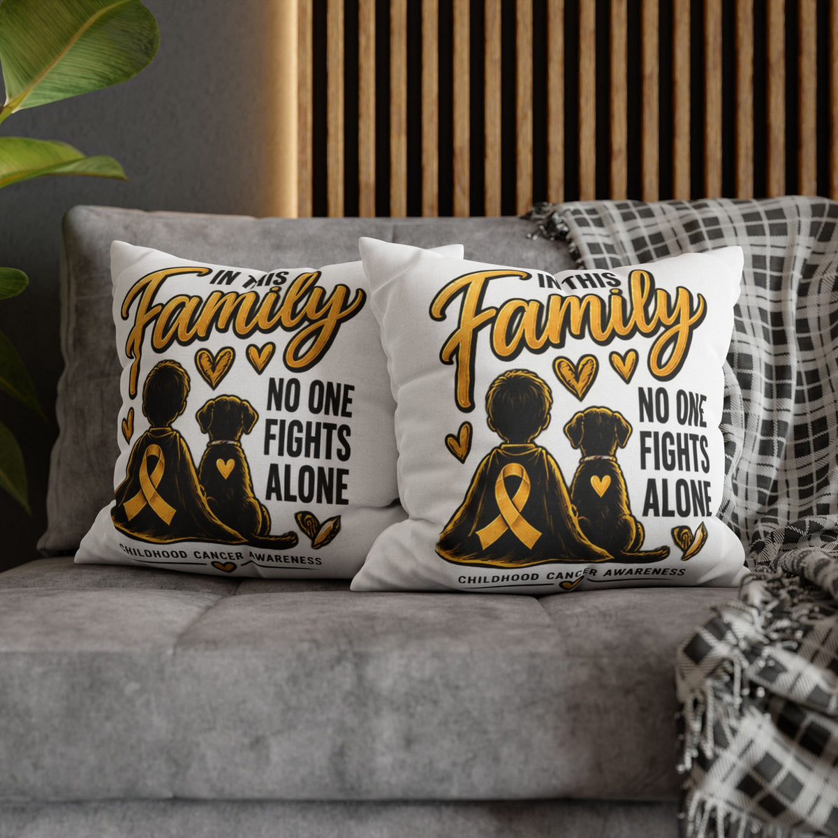 Childhood Cancer Awareness Pillow — "In This Family No One Fights Alone"