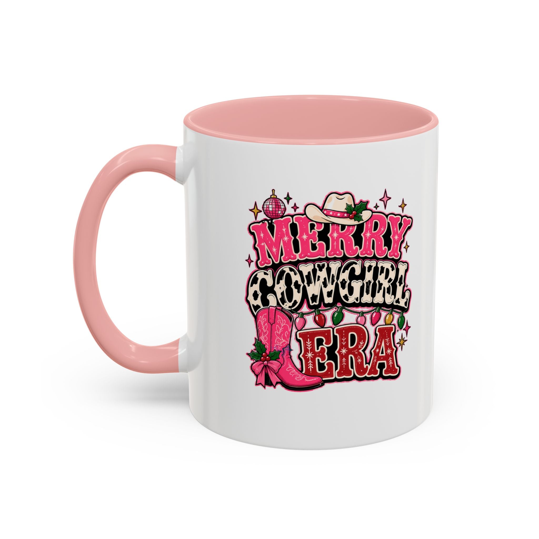 Modern Day Christmas Merry Cowgirl Era Accent Coffee Mug — Festive Pink Western Cowboy Boots & Hat Mug