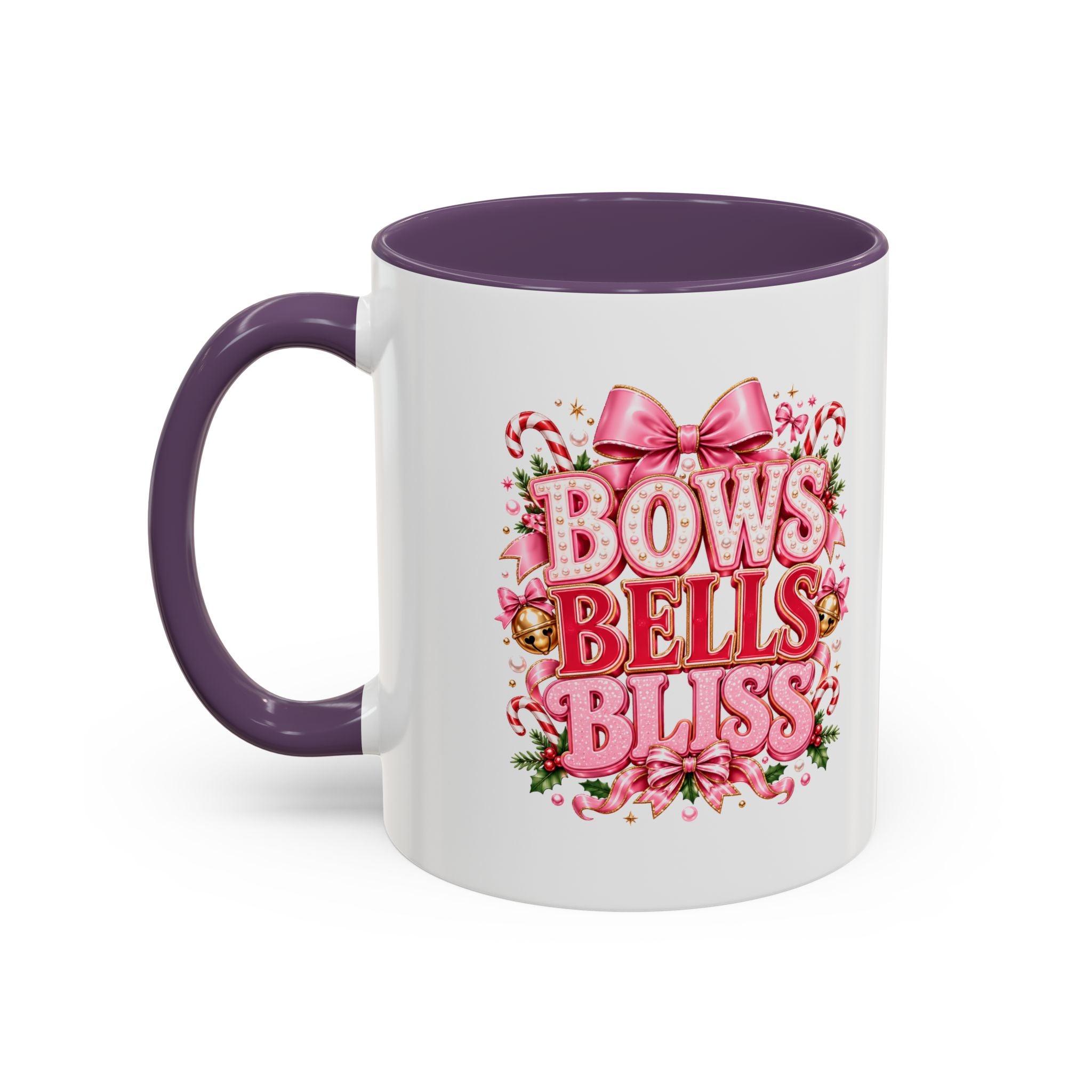 Modern Day Christmas Bows Bells Bliss Coffee Mug — Pink Holiday Accent Mug