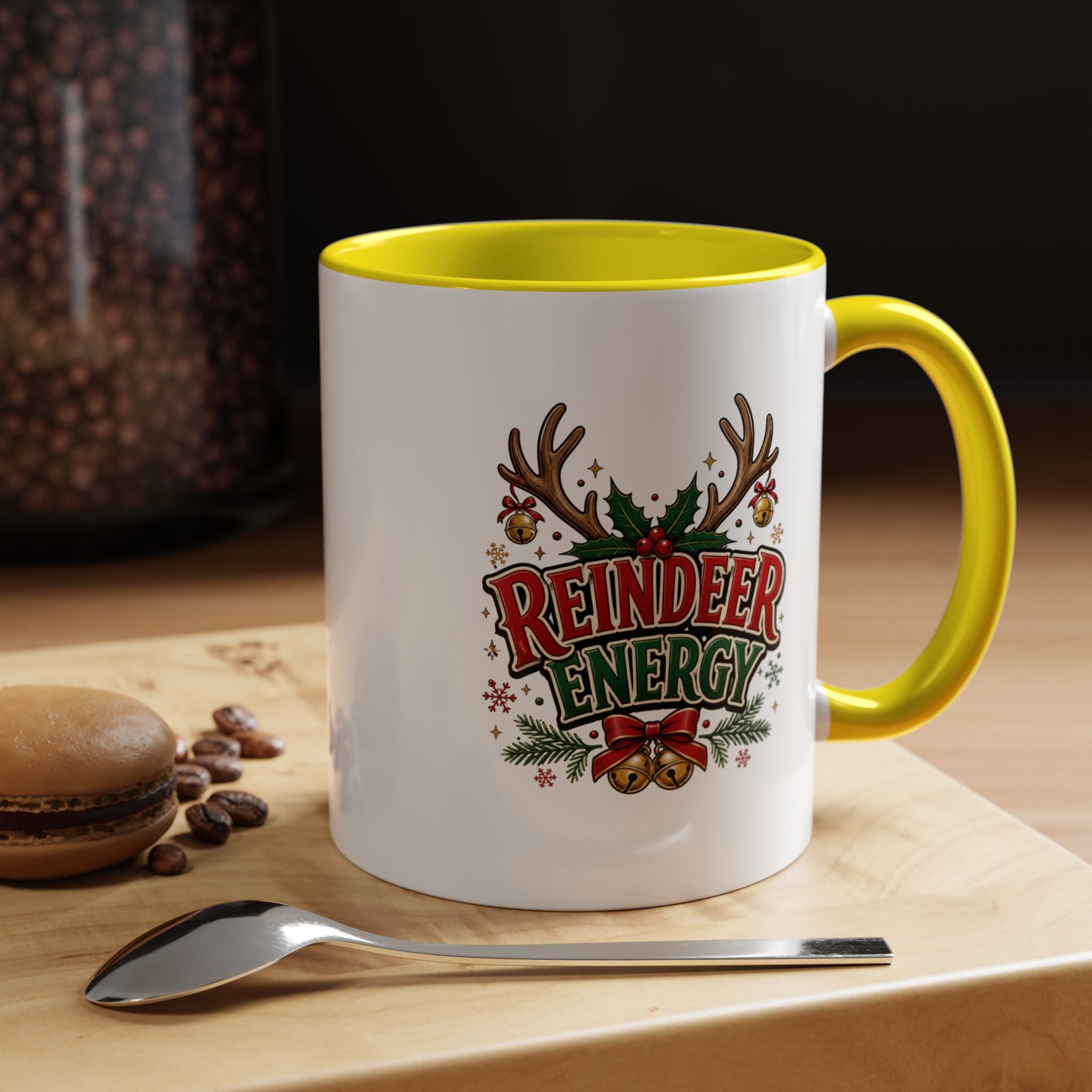 Reindeer Energy Coffee Mug – Holiday Christmas Antlers & Bells Accent Mug