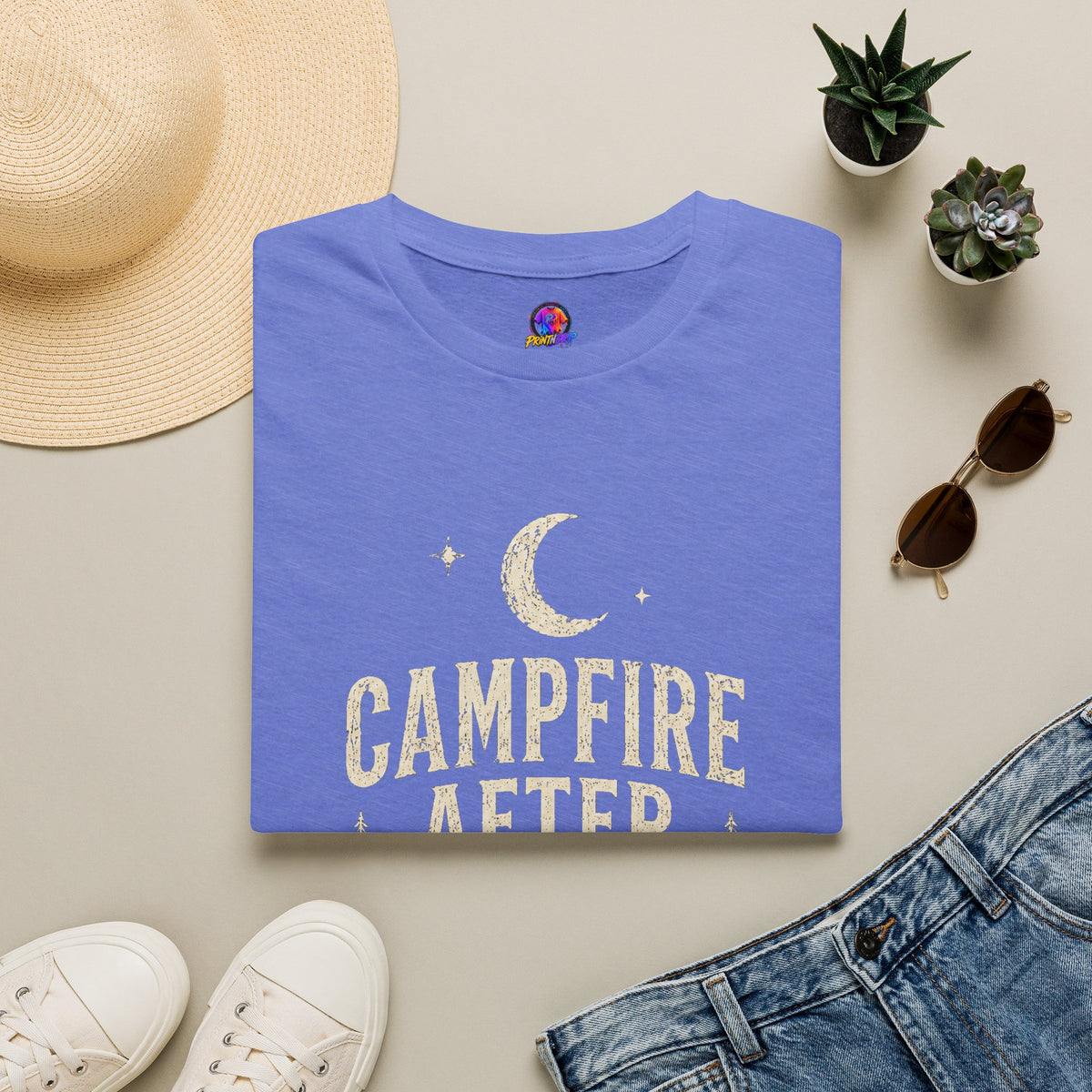 Campfire After Dark T-Shirt — Vintage Moon & Pine Camping Tee