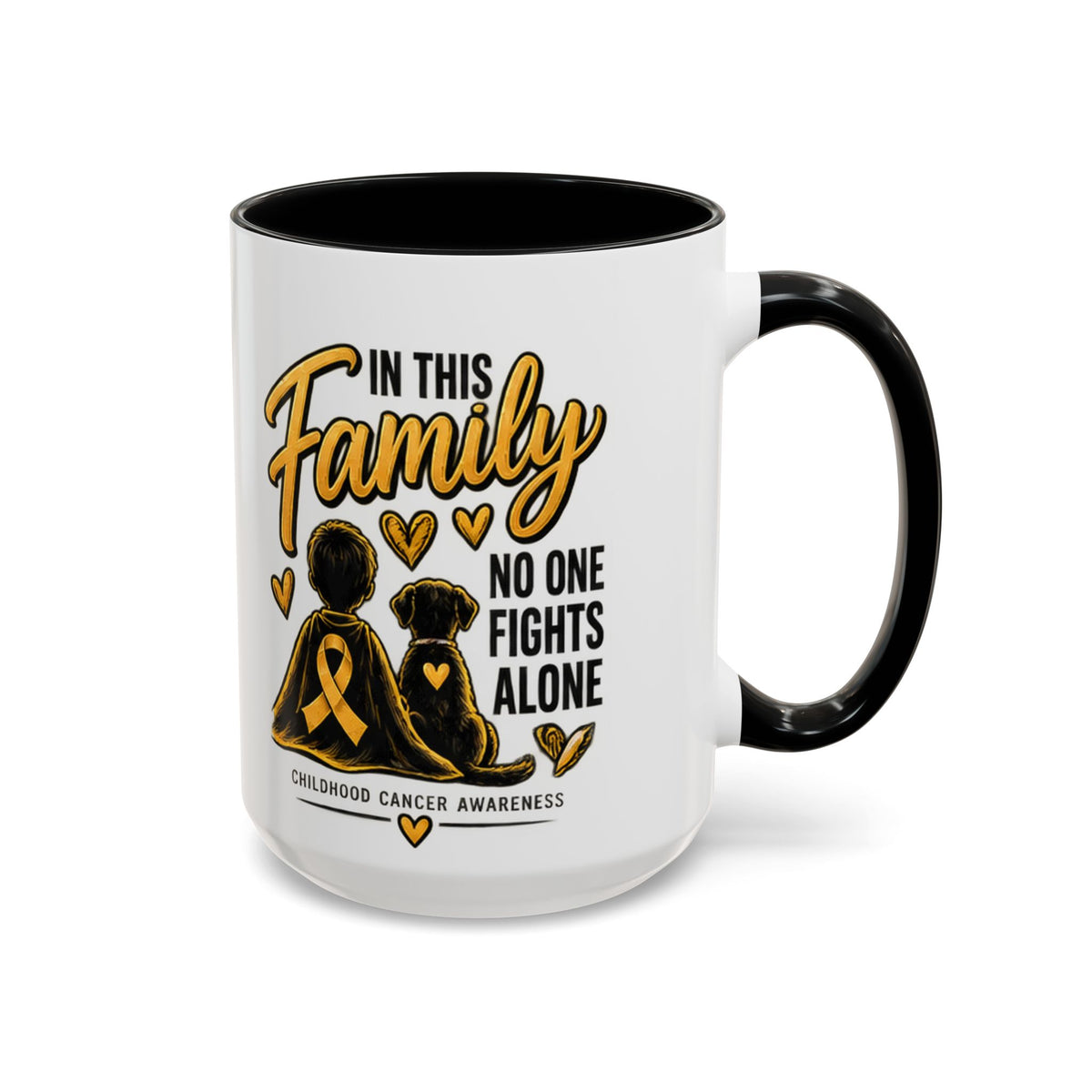 Childhood Cancer Awareness Accent Coffee Mug – "In This Family No One Fights Alone" (11/15oz)