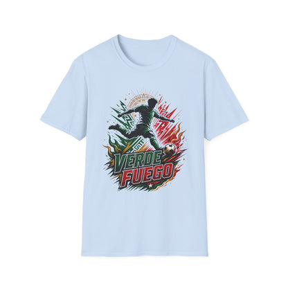 Verde Fuego Mexico Soccer T-Shirt — Dynamic Player Silhouette Football Tee
