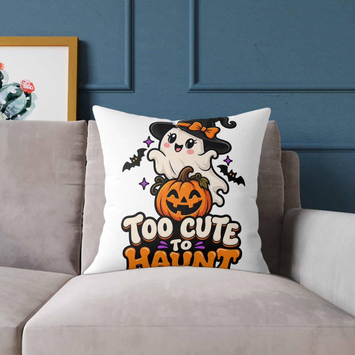 Halloween Ghost Pillow — "Too Cute to Haunt" Cute Pumpkin Decor