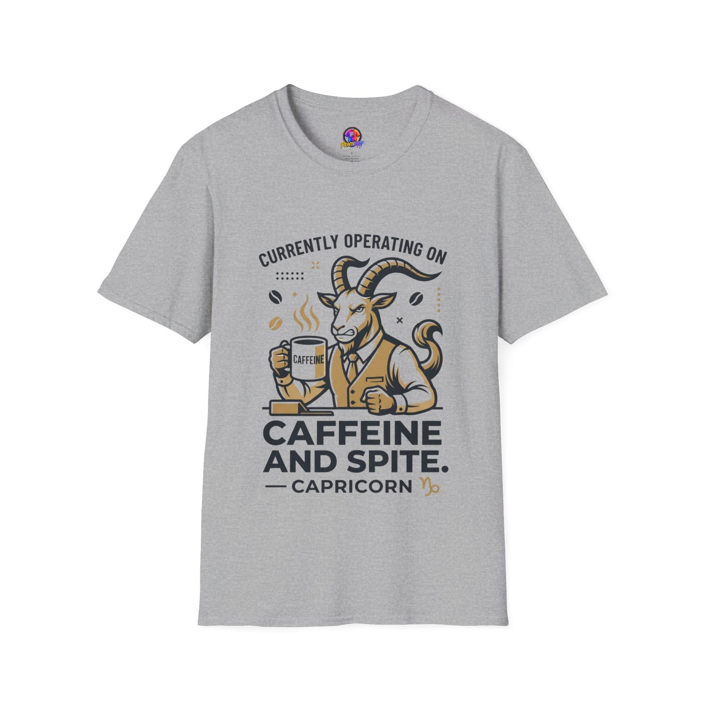 Capricorn T-Shirt — "Currently Operating on Caffeine and Spite" Zodiac Goat Tee