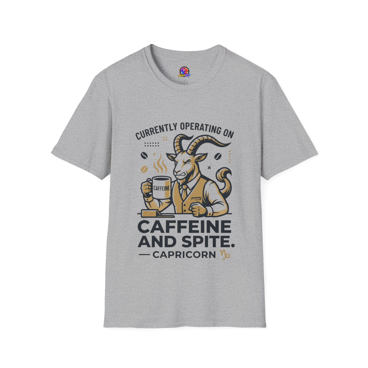 Capricorn T-Shirt — "Currently Operating on Caffeine and Spite" Zodiac Goat Tee