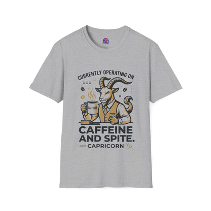 Capricorn T-Shirt — "Currently Operating on Caffeine and Spite" Zodiac Goat Tee