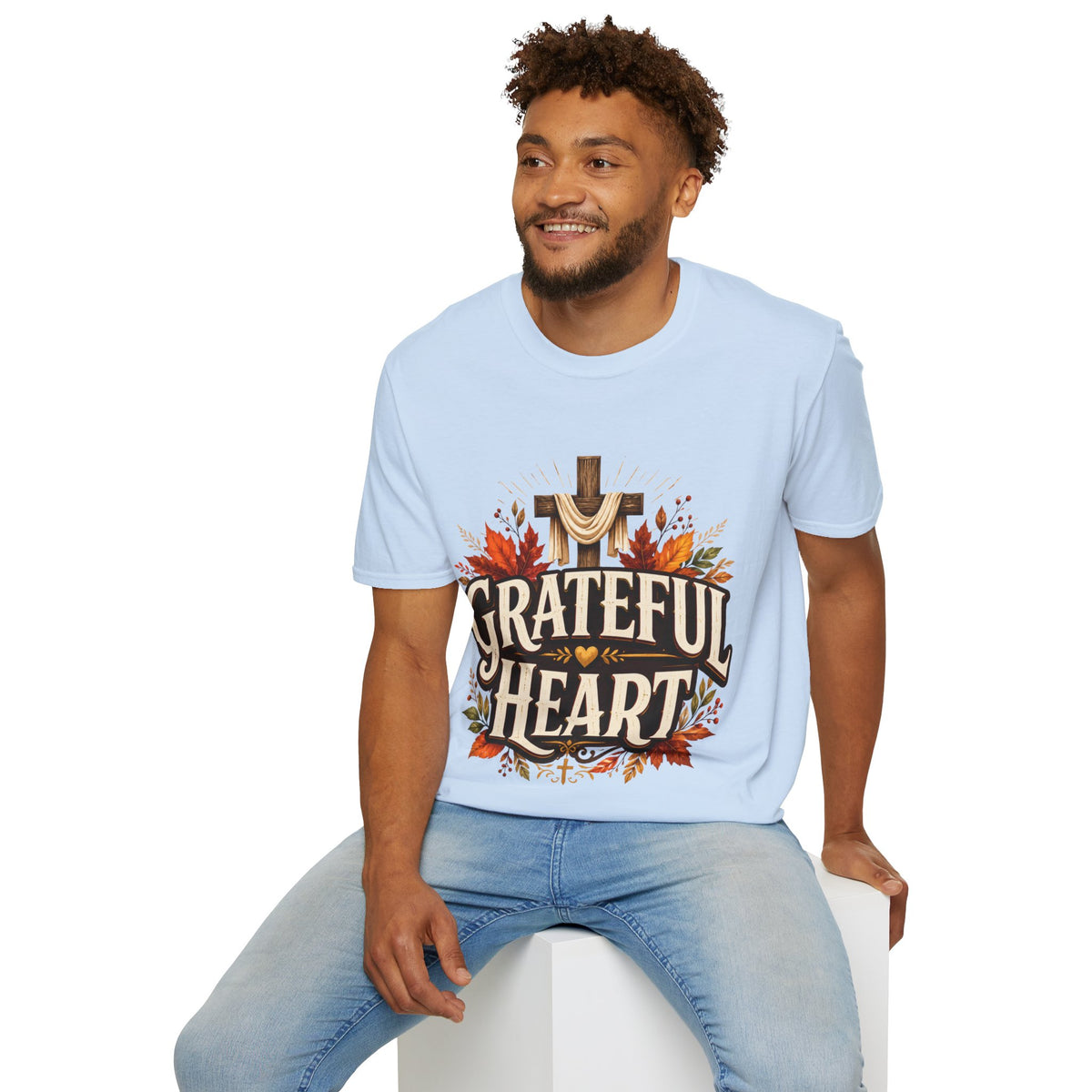 Thanksgiving T-Shirt Grateful Heart T-Shirt — Christian Cross & Autumn Leaves Thanksgiving Tee