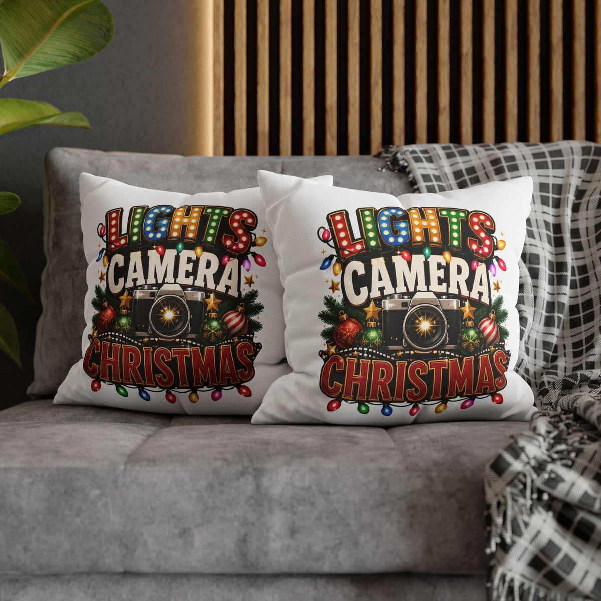 Christmas Photographer Pillowcase – “Lights Camera Christmas” Decorative Throw Pillow