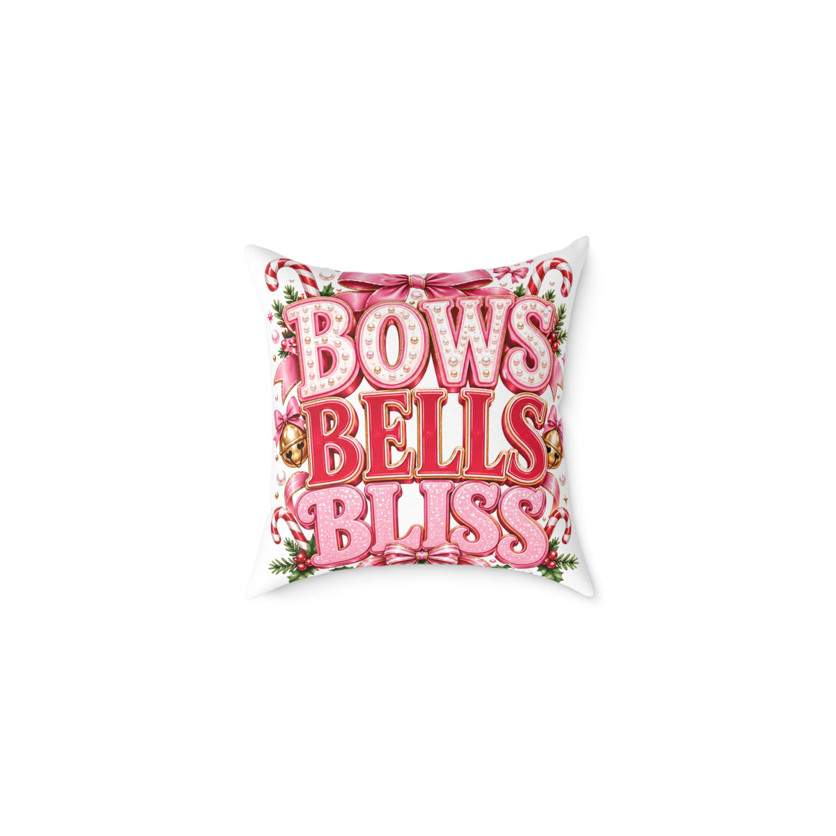 Bows Bells Bliss Modern Day Christmas Square Poly Canvas Pillow