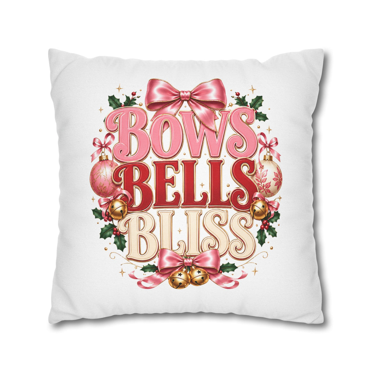 Christmas Decorative Pillowcase — "Bows Bells Bliss" Pink Holiday Throw Pillowcase