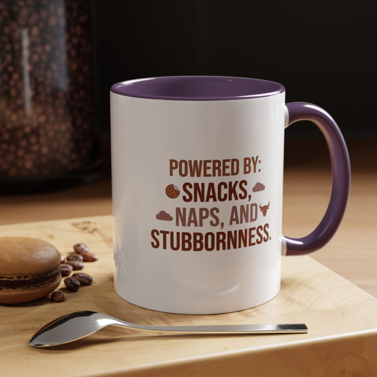 Taurus Coffee Mug - "Powered by Snacks, Naps, and Stubbornness" Accent Ceramic Mug