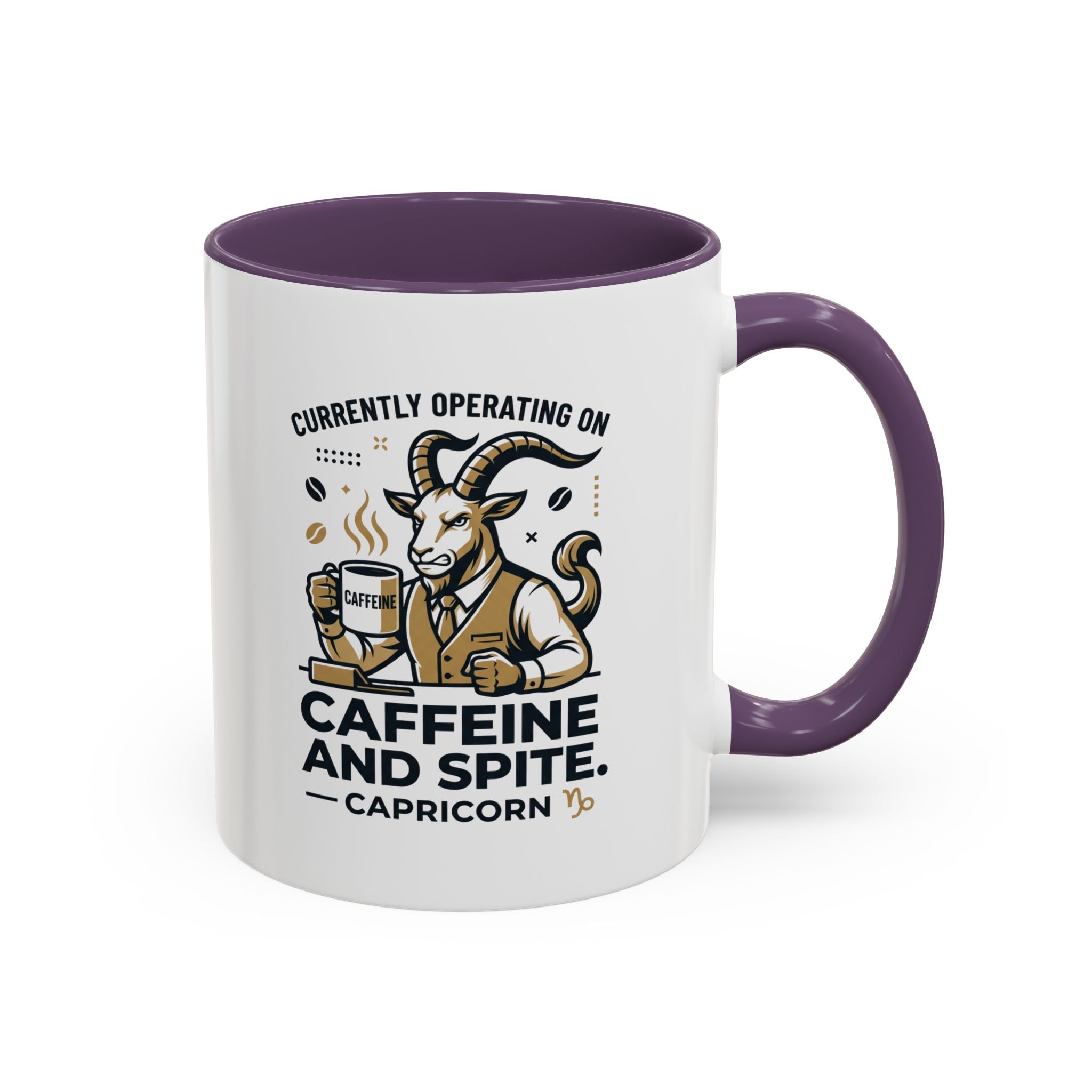 Capricorn Coffee Mug — “Currently Operating on Caffeine and Spite” Accent Mug (11/15oz)