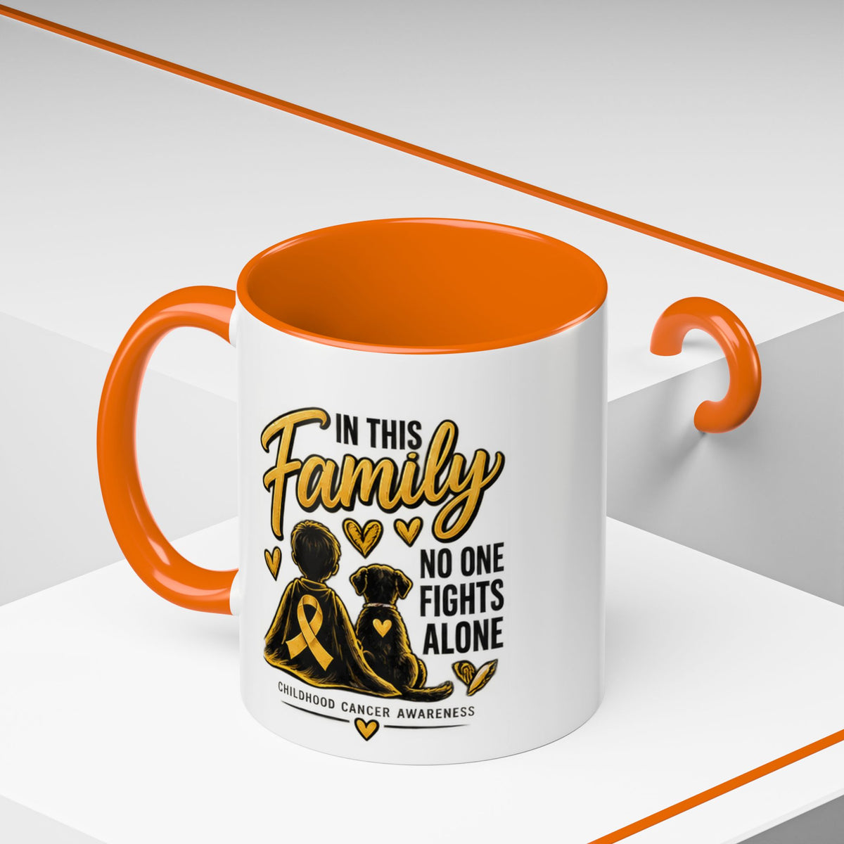 Childhood Cancer Awareness Coffee Mug — "In This Family No One Fights Alone"