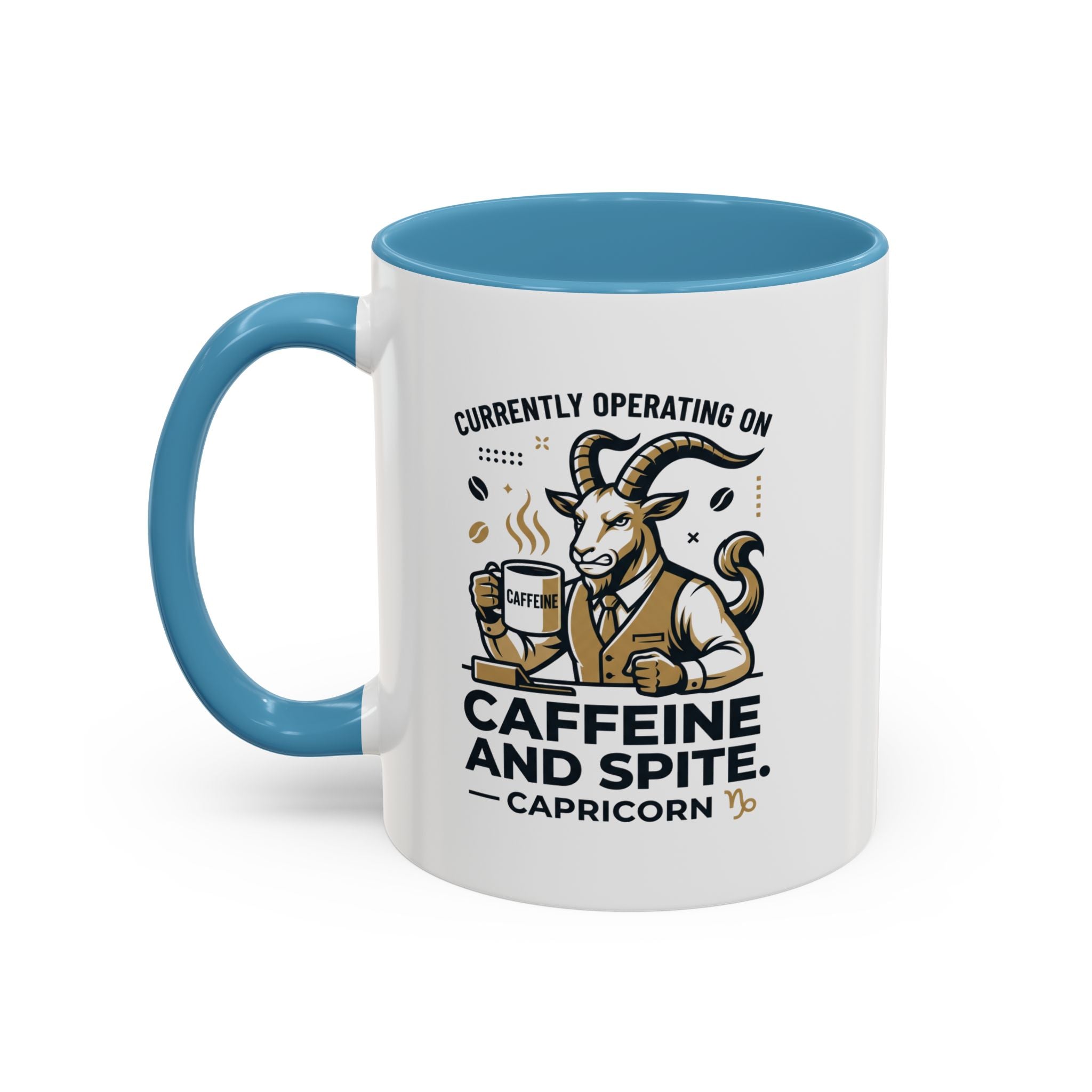 Capricorn Coffee Mug — “Currently Operating on Caffeine and Spite” Accent Mug (11/15oz)